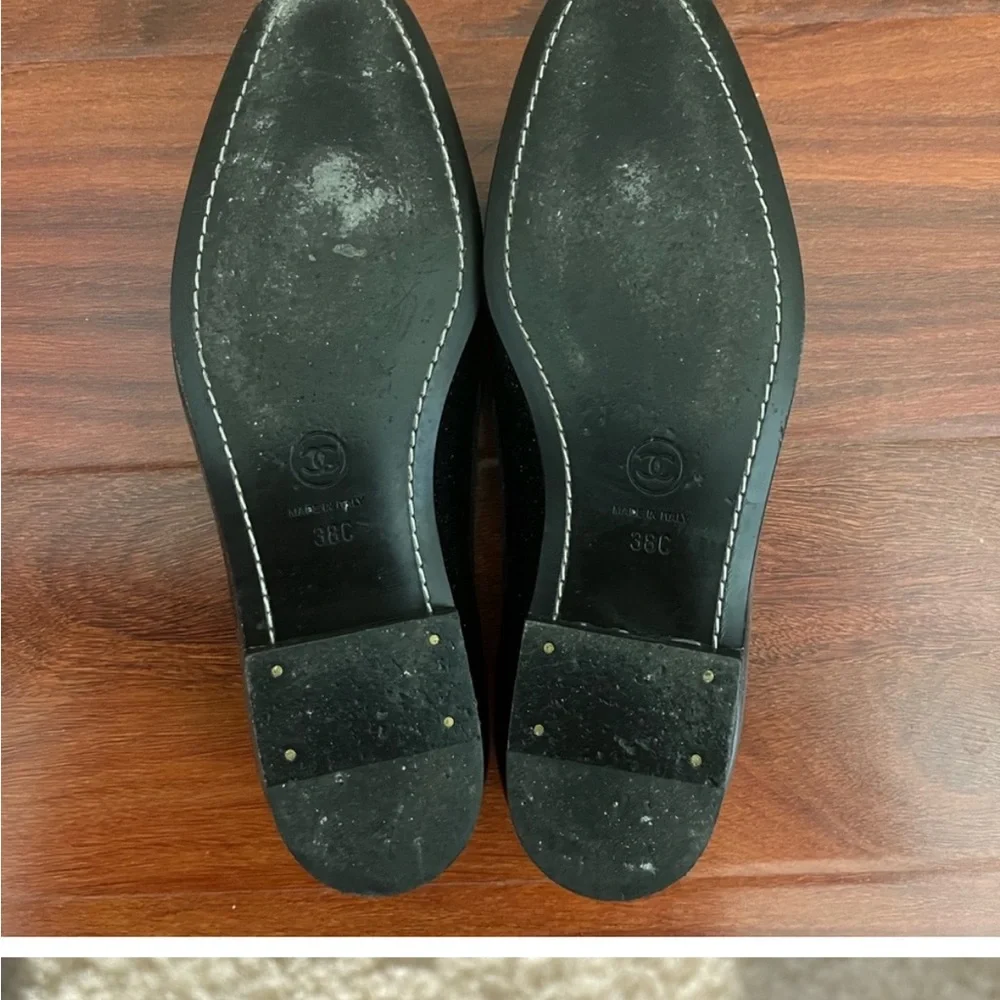 CHANEL Black Glitter Patent Leather Loafers